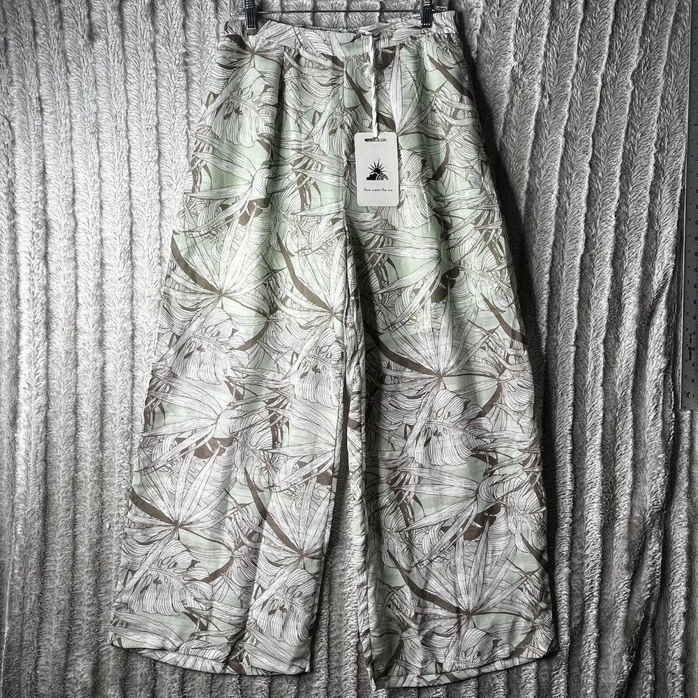 Here Comes‎ The Sun Wide Leg Pants Women XL Mint Floral Zipper